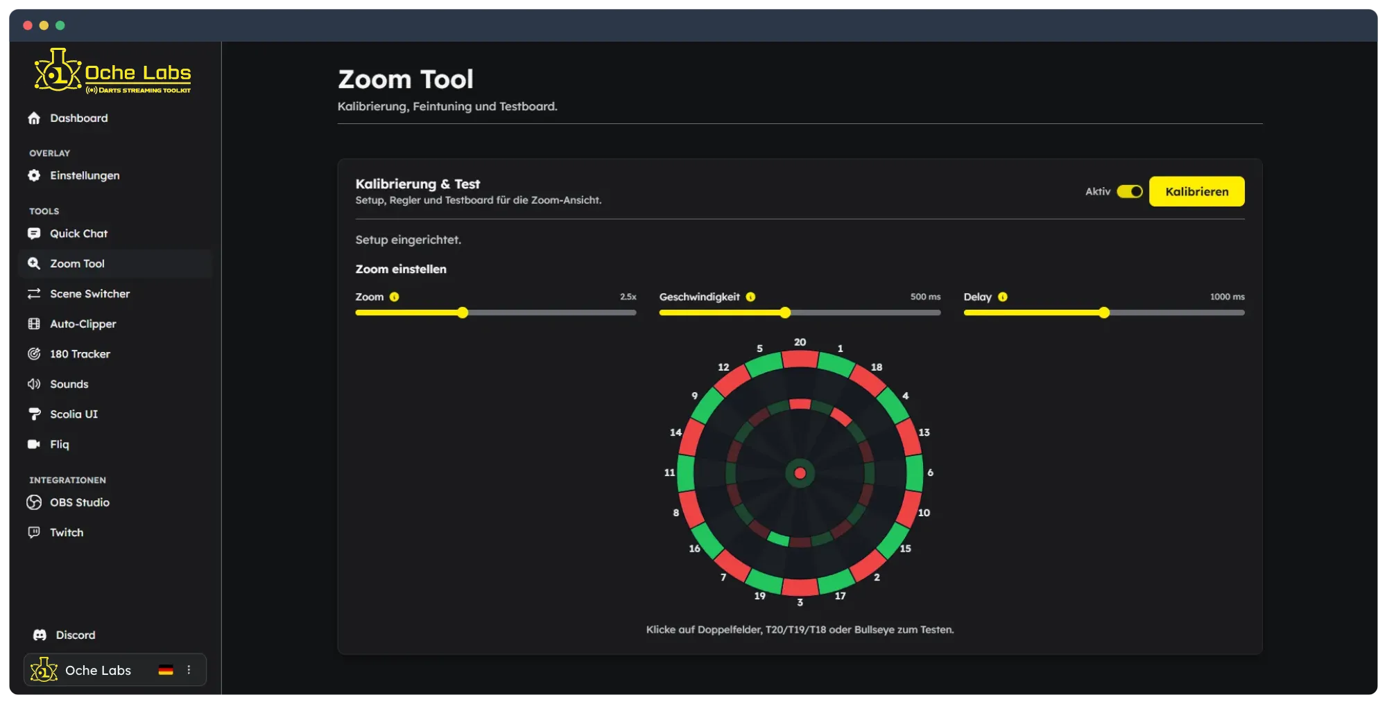 Oche-Labs-Chrome-Extension mit geöffnetem Zoom-Tool und Dartboard-Kalibrierung